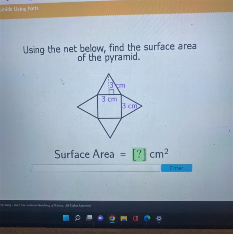 3 cm 3 cm Surface Area 3 cm = [?] cm² Enter-example-1