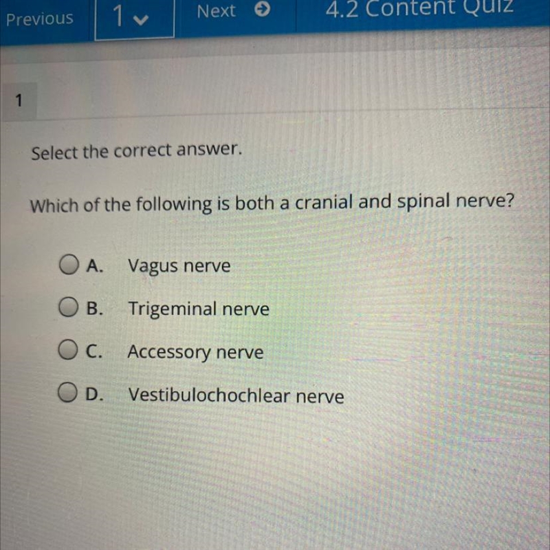 Select the correct answer. Which of the following is both a cranial and spinal nerve-example-1