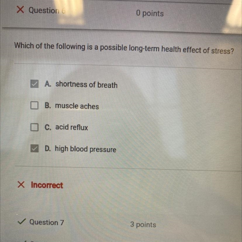 Which of the following is a possible long-term health effect of stress? A. shortness-example-1