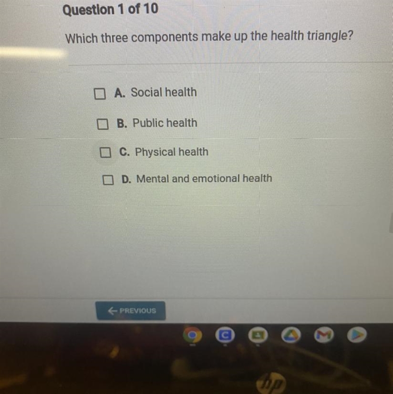 Which three components make up the health triangle? A. Social health B. Public health-example-1