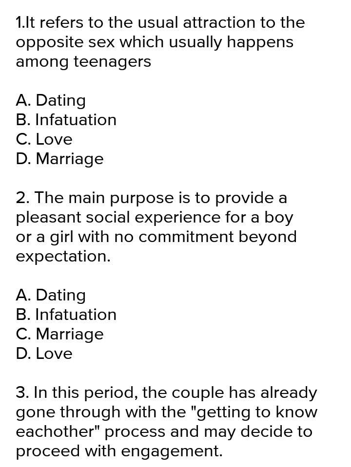 Number 3 choices A. Courtship B. Dating C. Marriage D. Engagement 4. Which of the-example-1