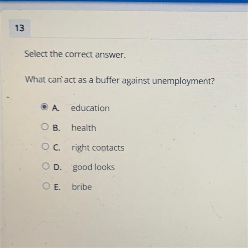 13 Select the correct answer What can act as a buffer against unemployment? А. education-example-1