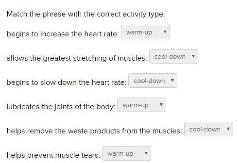 Match the phrase with the correct activity type. begins to increase the heart rate-example-1