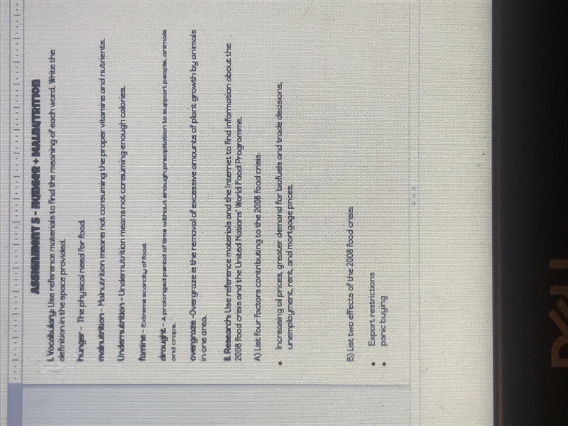 A) Write a paragraph about the 2008 food crisis. Use all of the vocabulary terms above-example-1