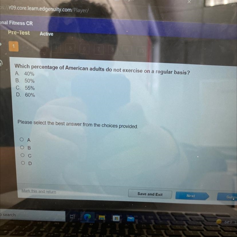 Pre-Test Active TIME REMAIN 59:49 Which percentage of American adults do not exercise-example-1