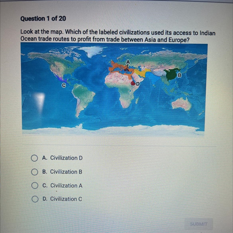 Look at the map. Which of the labeled civilizations used its access to Indian Ocean-example-1