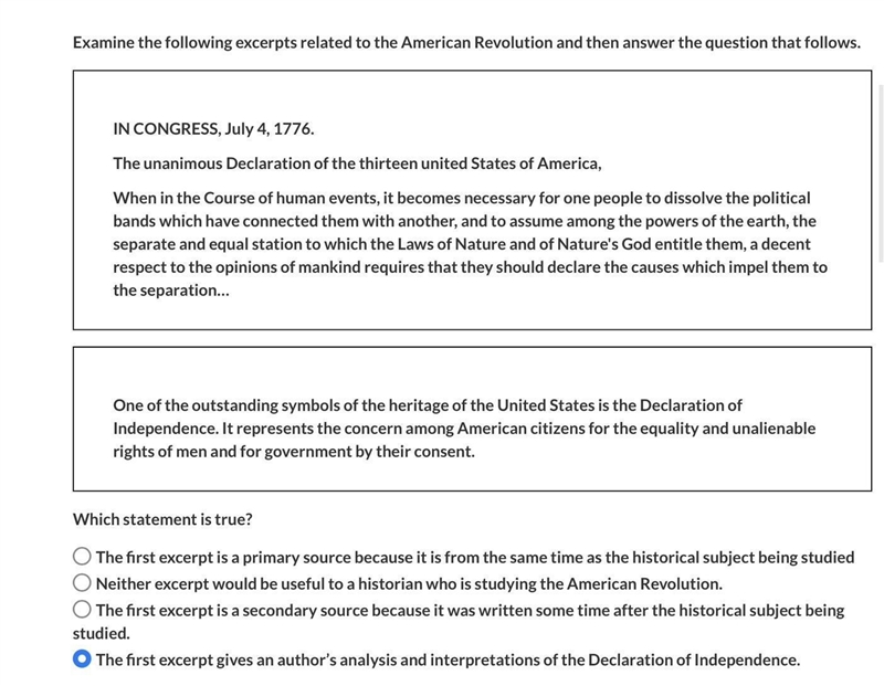 Examine the following excerpts related to the American Revolution and then answer-example-1