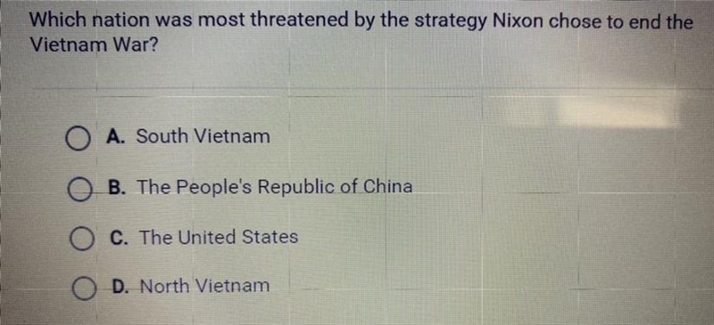 Which nation was most threatened by the strategy Nixon chose to end the Vietnam War-example-1