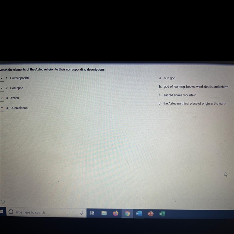 Match the elements of the Aztec religion to their corresponding descriptions-example-1