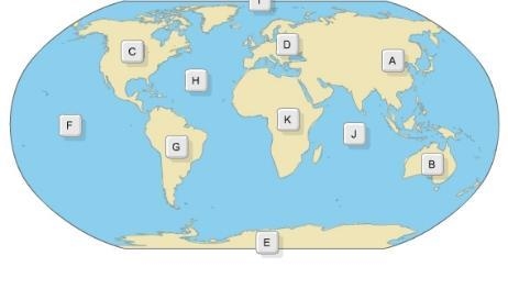 Question Which continent is identified by the letter K on the map? Africa North America-example-1