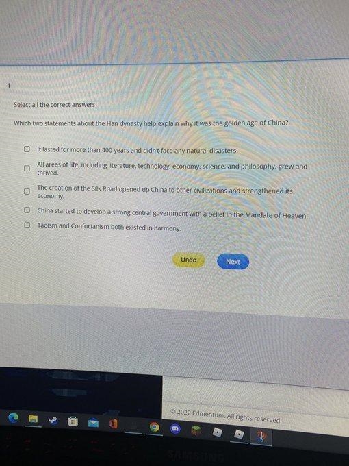 Select all the correct answers. Which two statements about the Han dynasty help explain-example-1