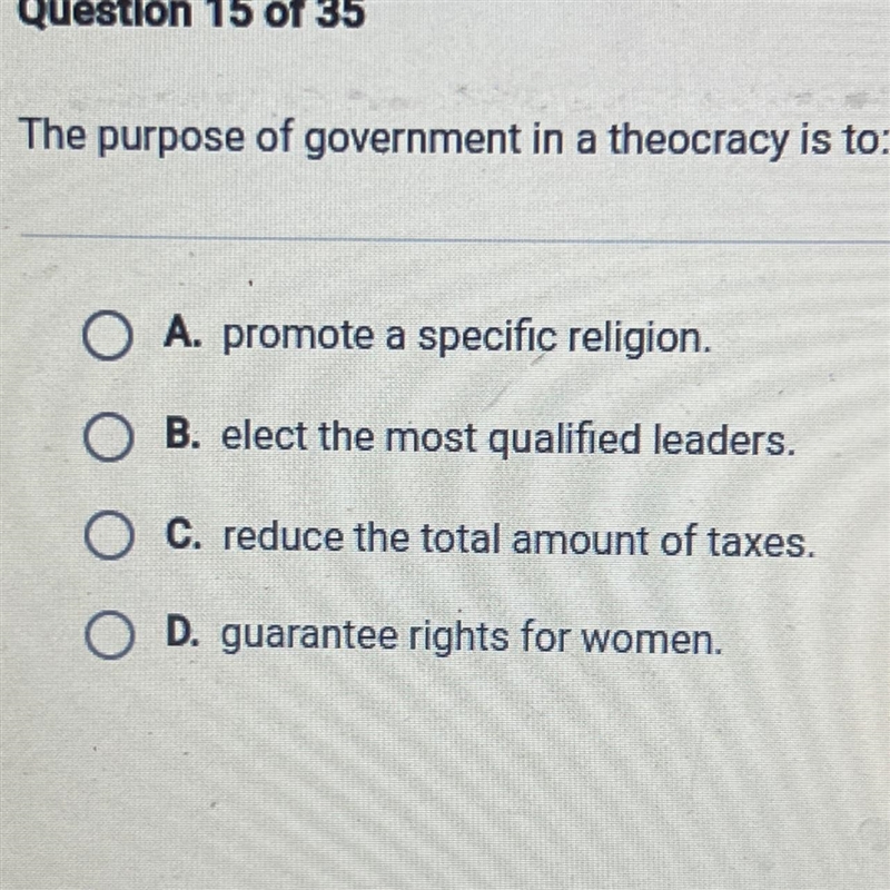 The purpose of government in a theocracy is to:-example-1