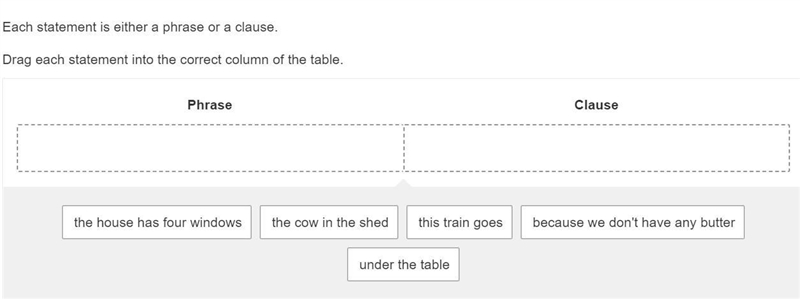 Each statement is either a phrase or a clause. Drag each statement into the correct-example-1