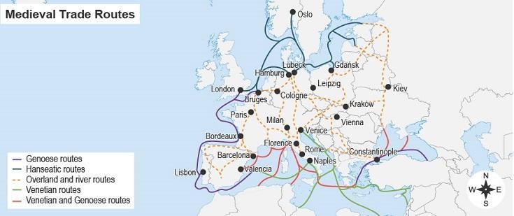 European trade routes Which trade routes reached the greatest number of medieval cities-example-1