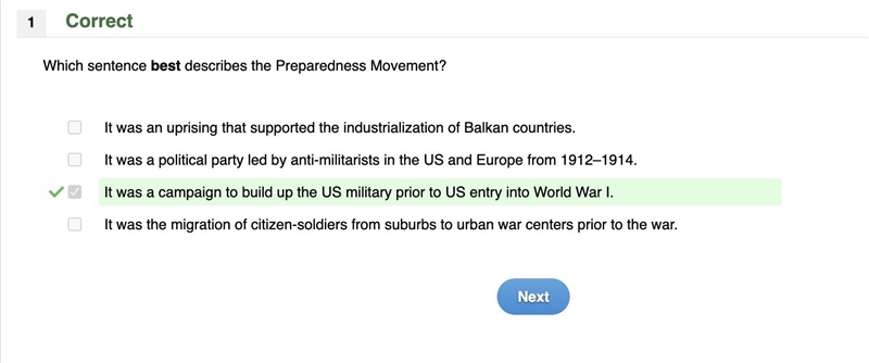 Which sentence best describes the Preparedness Movement? B. It was an uprising that-example-1