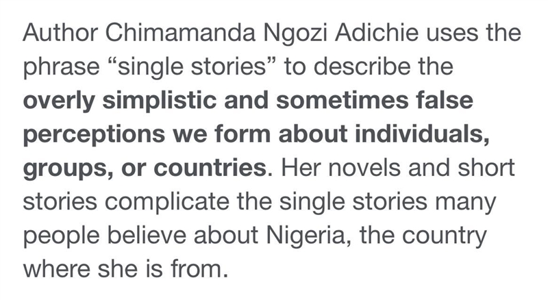 What does adichie mean by a single story?-example-1