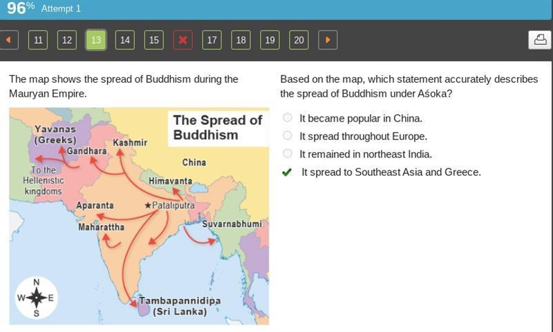 The map shows the spread of Buddhism during the Mauryan Empire. A map titled The Spread-example-1