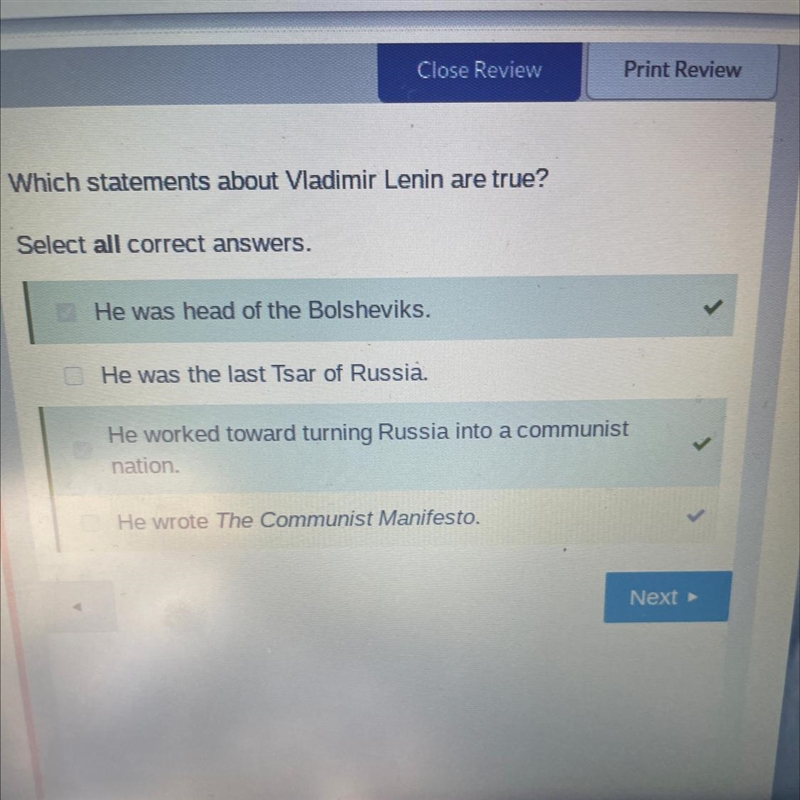 Which statements about Vladimir Lenin are true? Select all correct answers .-example-1