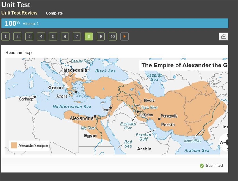 Read the map. A map titled The Empire of Alexander the Great. Shading extends from-example-1