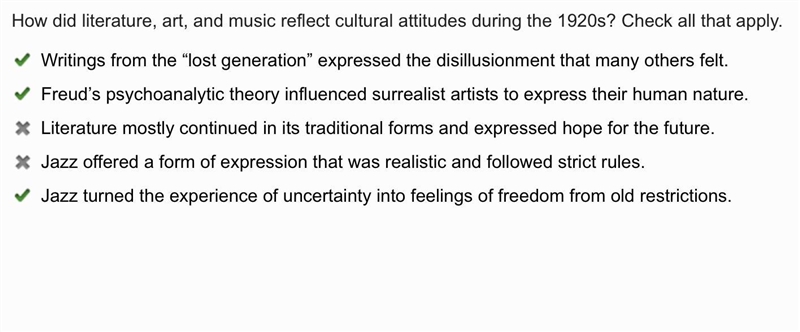 How did literature, art, and music reflect cultural attitudes during the 1920s? Check-example-1