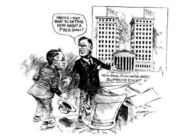 A cartoon shows President Franklin D. Roosevelt showing a drawing of the Supreme Court-example-1