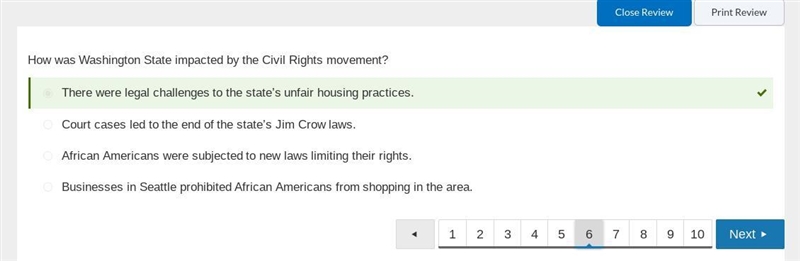 How was Washington State impacted by the Civil Rights movement? A. Court cases led-example-2