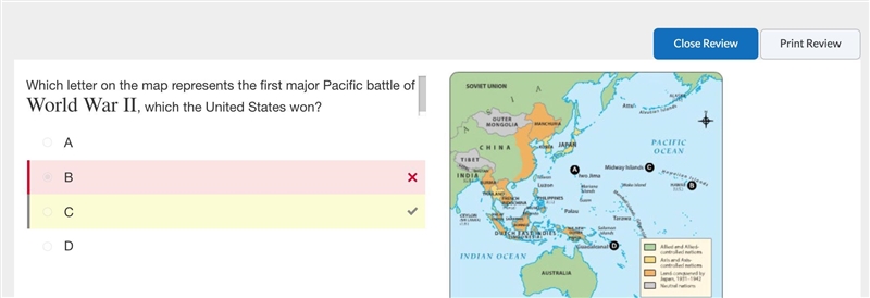 Which letter on the map represents the first major Pacific battle of World War II-example-1