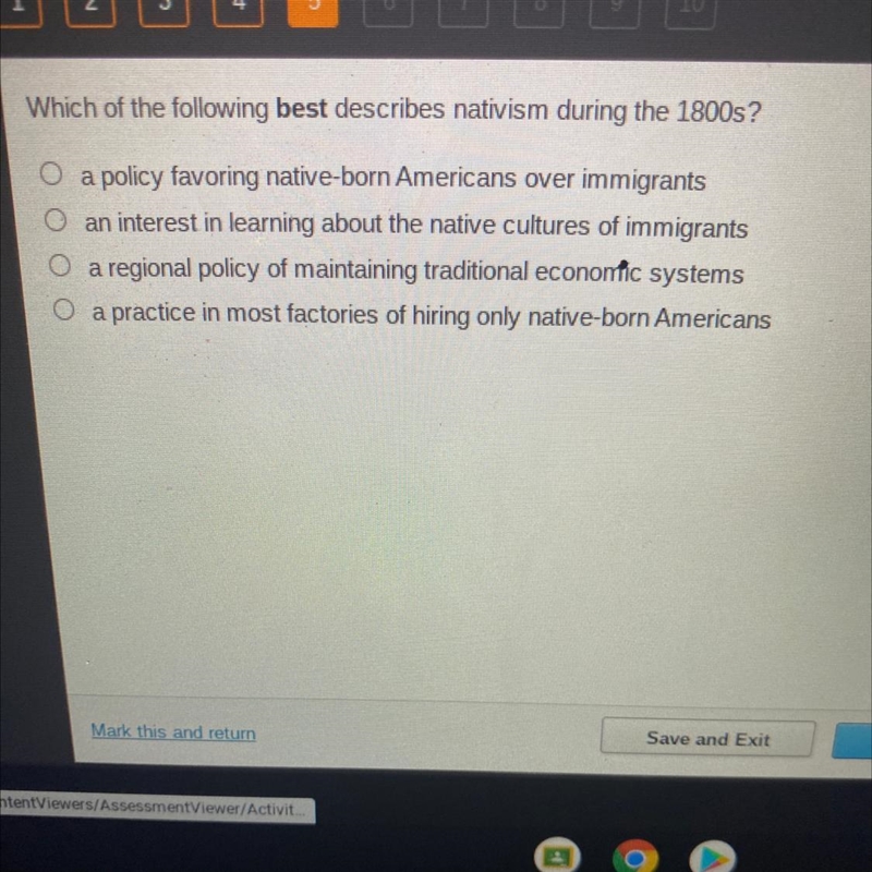 Which of the following best describes nativism during the 1800s? a policy favoring-example-1