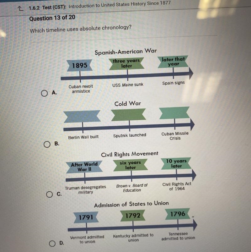 HELPPPPP!!! Which timeline uses absolute chronology? Spanish-American War three years-example-1