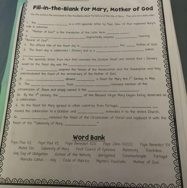 The _____ _____ is a apostolic letter by Pope John VI that explained Mary’s role in-example-1