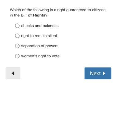 Which of the following is a right guaranteed to citizens in the Bill of Rights? 1. checks-example-1