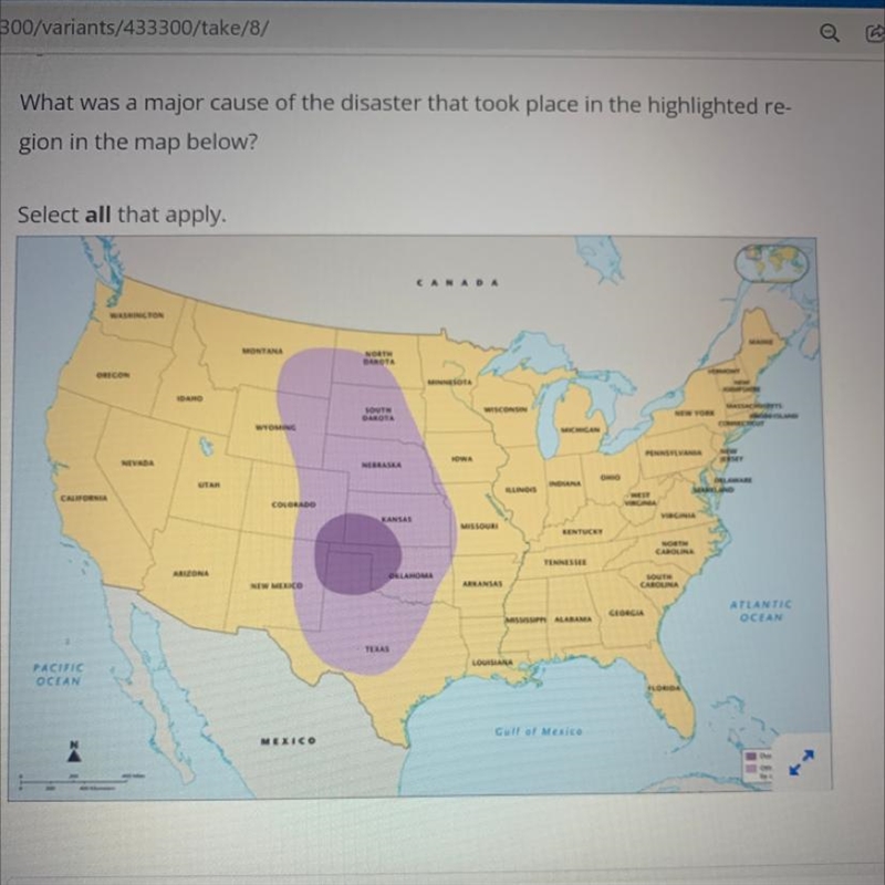 Please help me the answer choices are a long period of drought over planting of crops-example-1