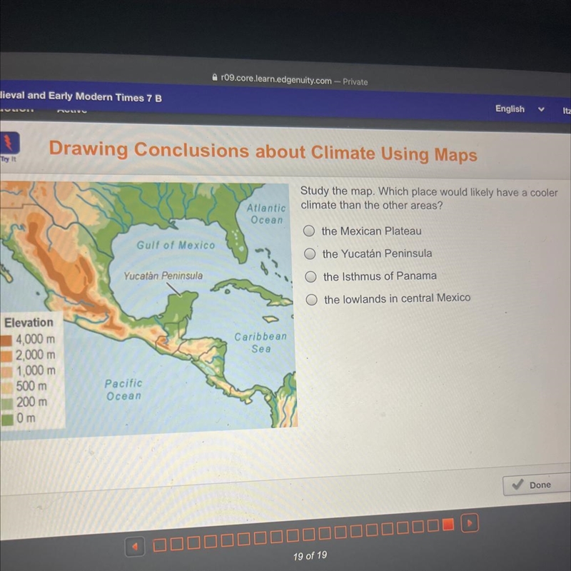 Study the map. Which place would likely have a cooler climate than the other areas-example-1