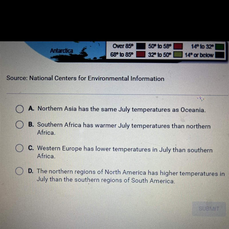 Which conclusion does this map most support? Average July Temperatures in Fahrenheit-example-1