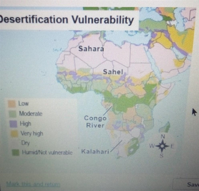 According to this map, which area is at a very high risk of desertification? the Sahara-example-1