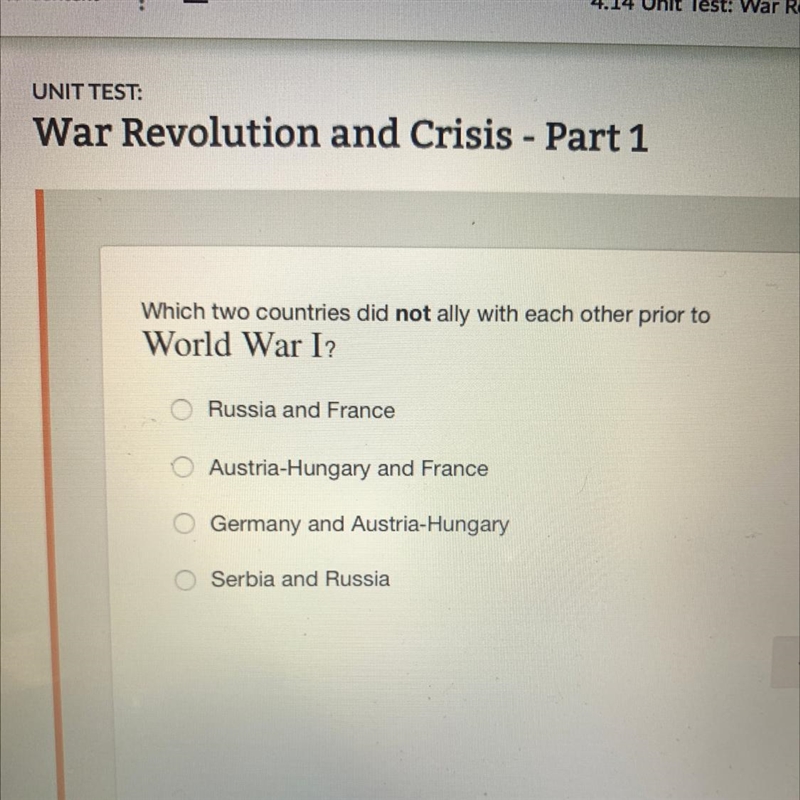 Which two countries did not ally with each other prior to World War I? Russia and-example-1