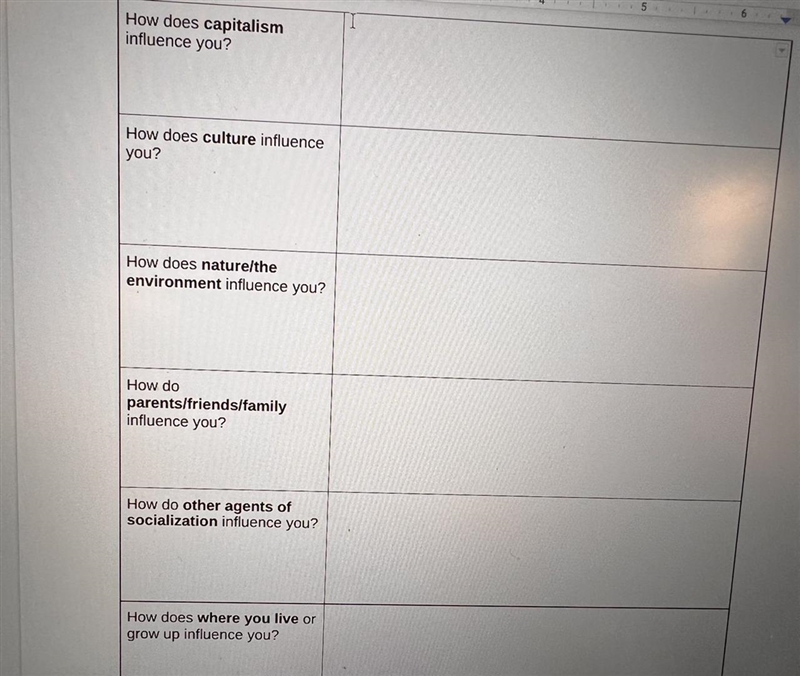 1:How does capitalism influence you? 2:How does culture influence you? 3:How does-example-1