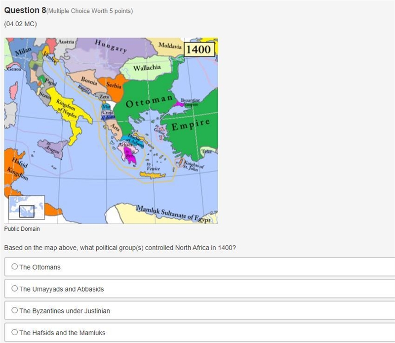 Based on the map above, what political group(s) controlled North Africa in 1400?-example-1