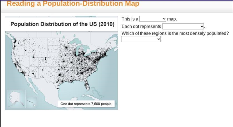 Can anybody help :)? please and thank you. drop boxes are: 1. choropleth, dot density-example-1