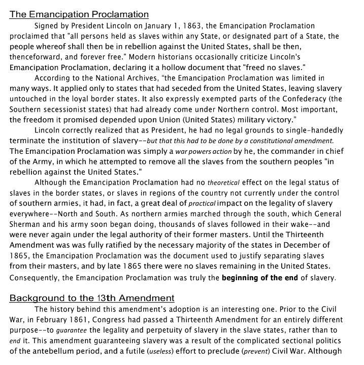 What did the do Emancipation Proclamation do? When did it pass? (Provide a date and-example-1