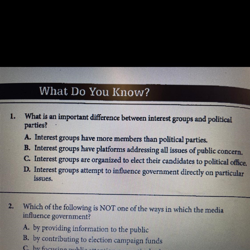 1. What is an important difference between interest groups and political parties?-example-1