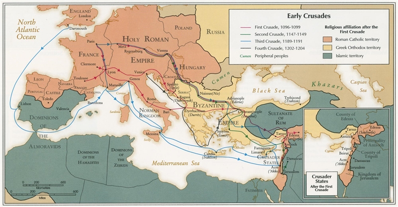 Using the map, answer the following question: After the First Crusade, which religion-example-1