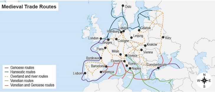 Which trade routes connected the cities of Kraków and Kiev? Genoese routes overland-example-1