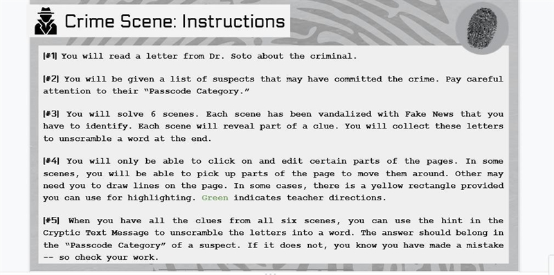 [#1] You will read a letter from Dr. Soto about the criminal. [#2] You will be given-example-1