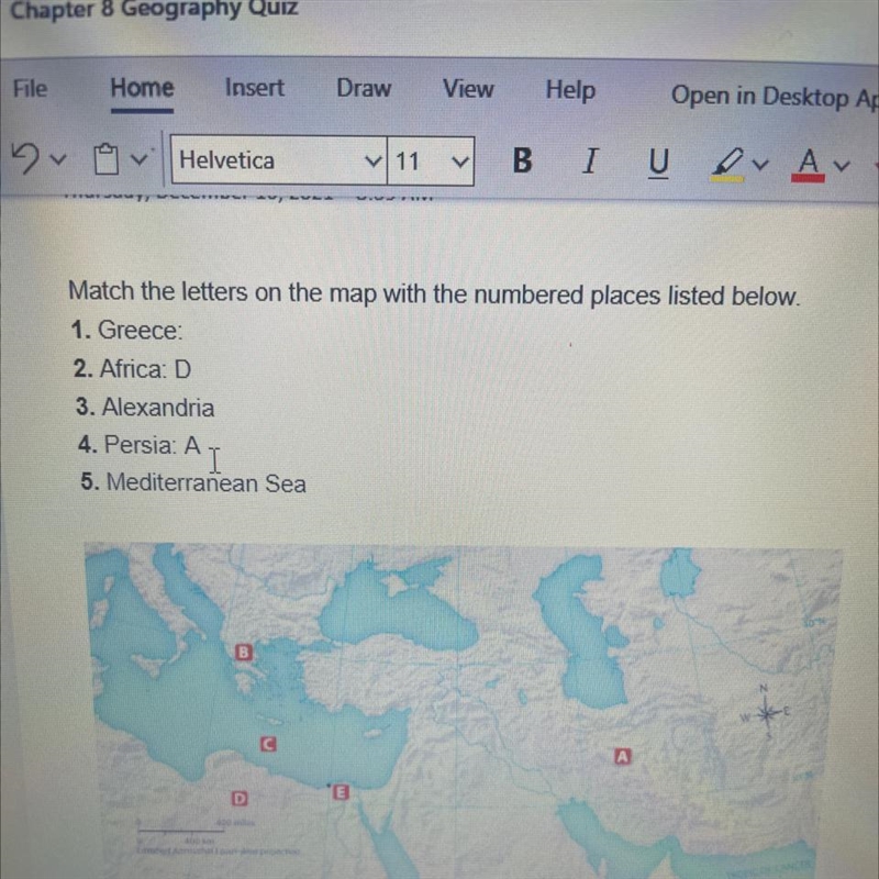 Match the letters on the map with the numbered places listed below. 1. Greece 2. Africa-example-1