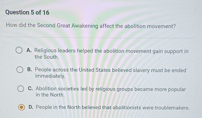 Hello quick please how did the Second Great Awakening affect the abolishing movement-example-1