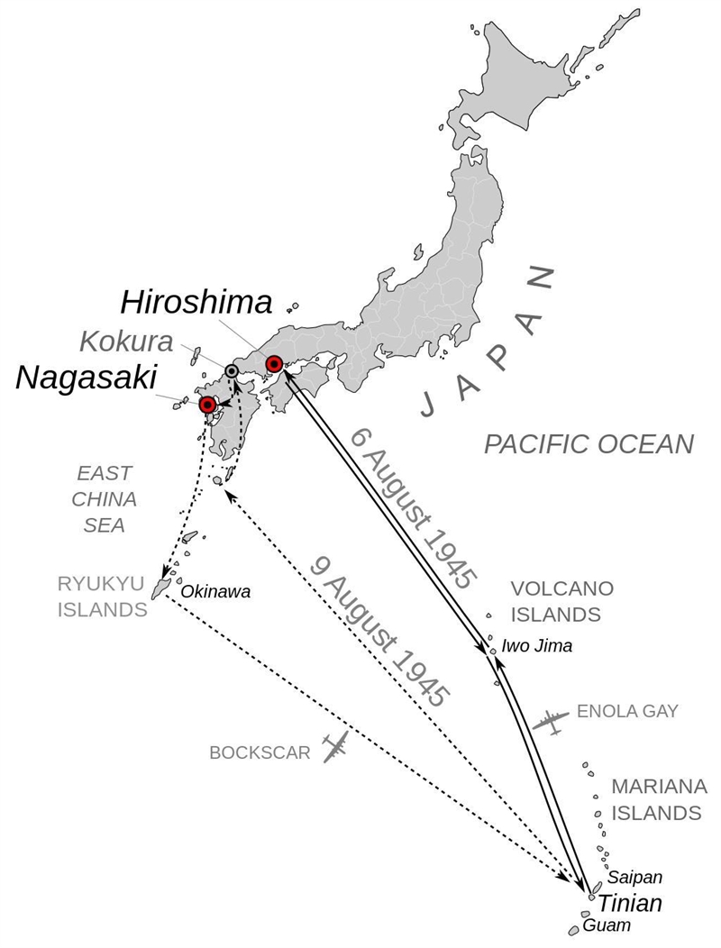 According to the map on the left, from what location did the Enola Gay, take off to-example-1