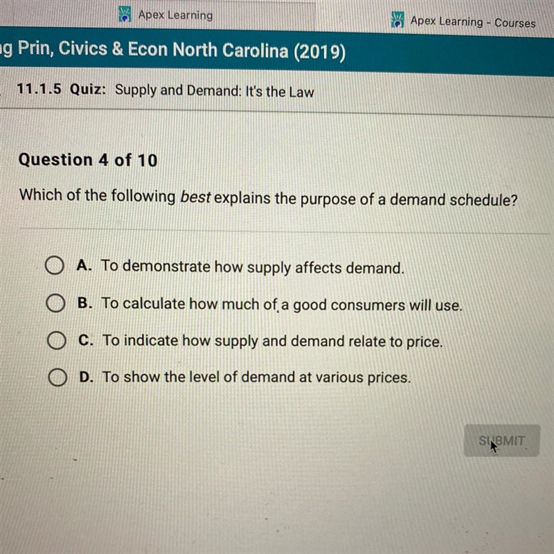 Which of the following best explains the purpose of a demand schedule? A. To demonstrate-example-1