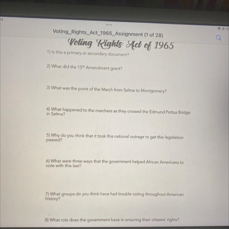 Voting Rights Act of 1965 1) Is this a primary or secondary document? 2) What did-example-1