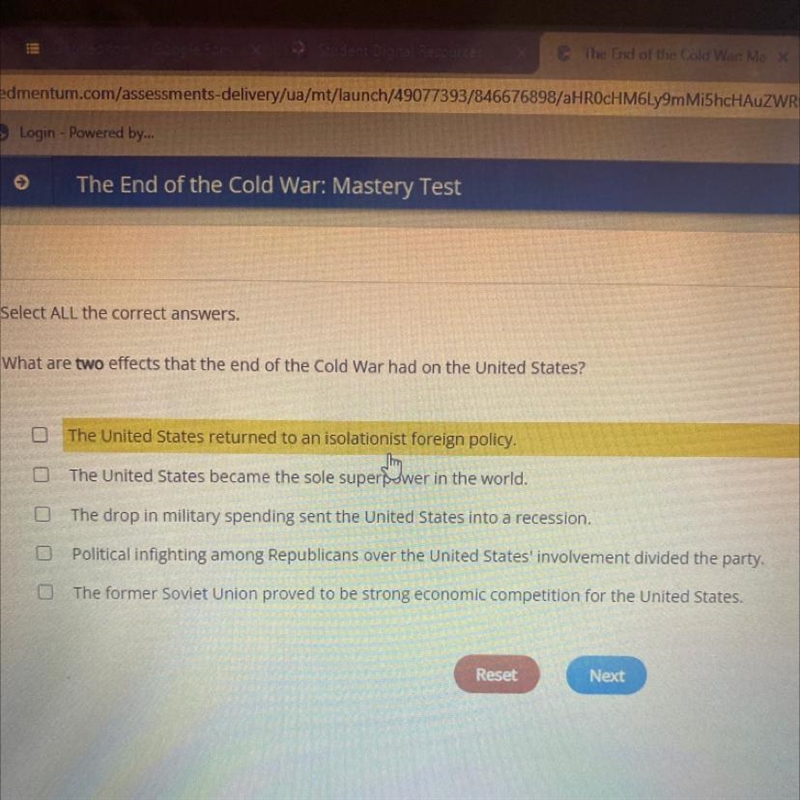 Select ALL the correct answers. What are two effects that the end of the Cold War-example-1